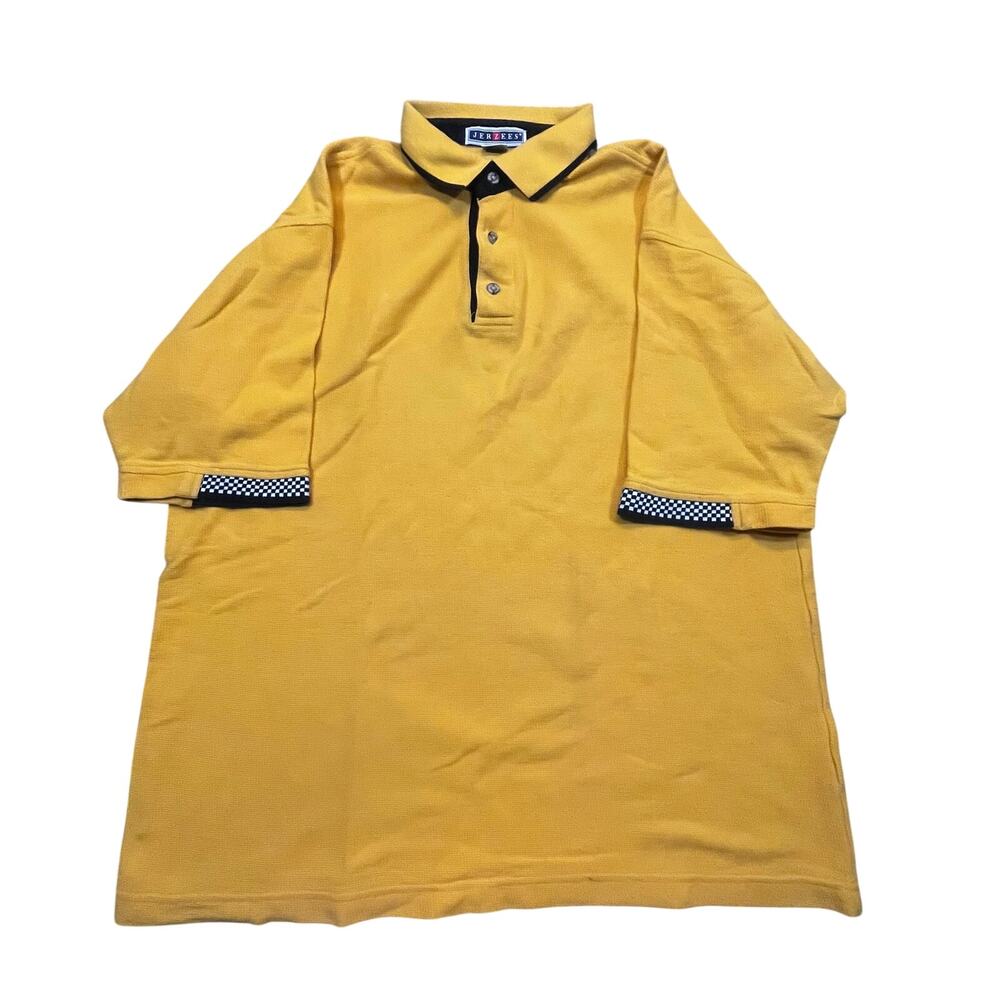 90s Vintage Polo Mens L Yellow Black Collar Checkered Trim Sleeve‎
